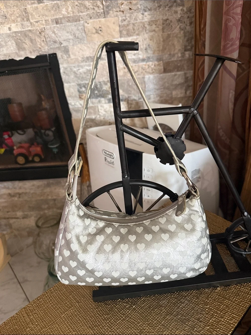 Metallic Silver Heart-Print Kids Shoulder Bag